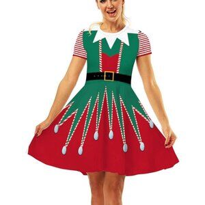Women Ugly Christmas Santa Dress Red Green 2 Elfes Holiday Print Dress for Xmas